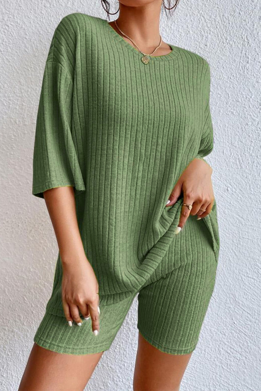 Pink Plain Ribbed Loose Fit Two Piece Lounge Set